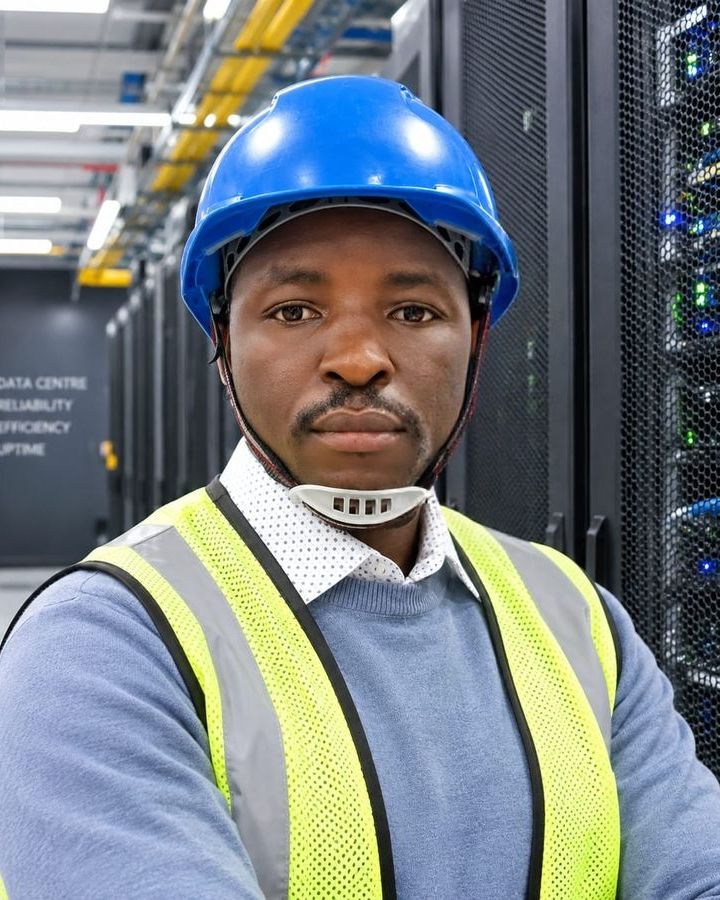The Qoched founder, an engineer in a hard hat and high-visibility vest inside a data centre