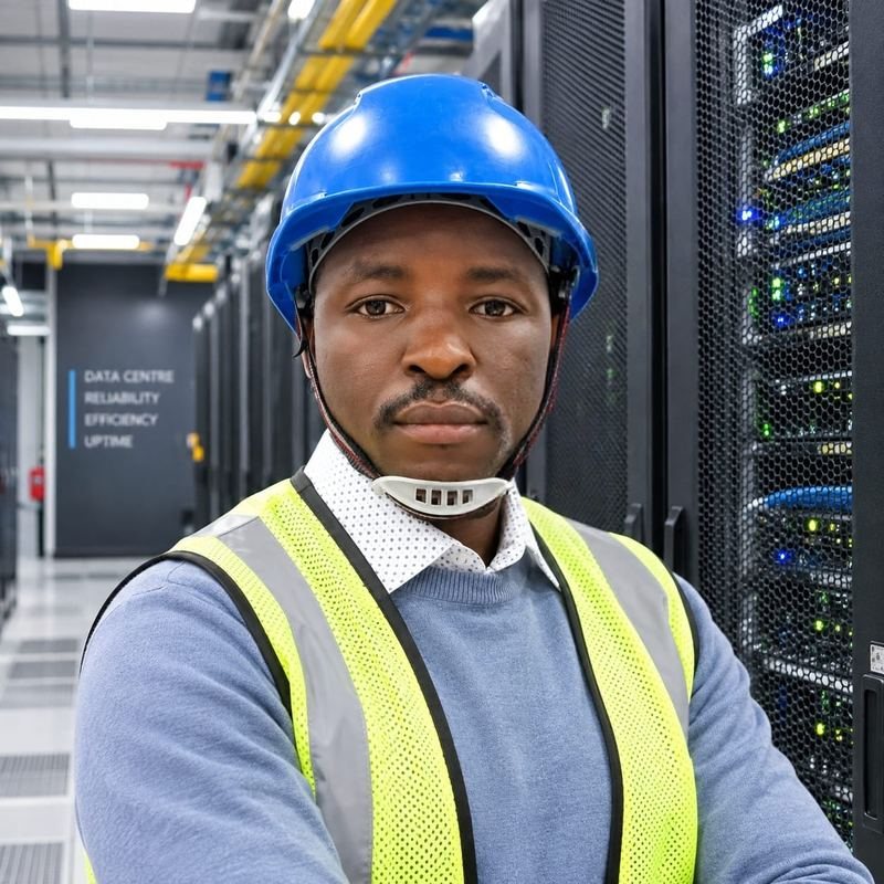 Denish Aloo, founder of Qoched, in a blue hard hat and high-visibility vest in a data centre.